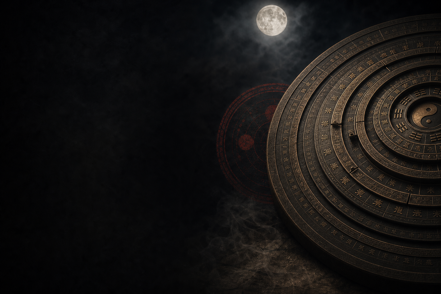 A monumental bronze Bagua compass beneath moonlight